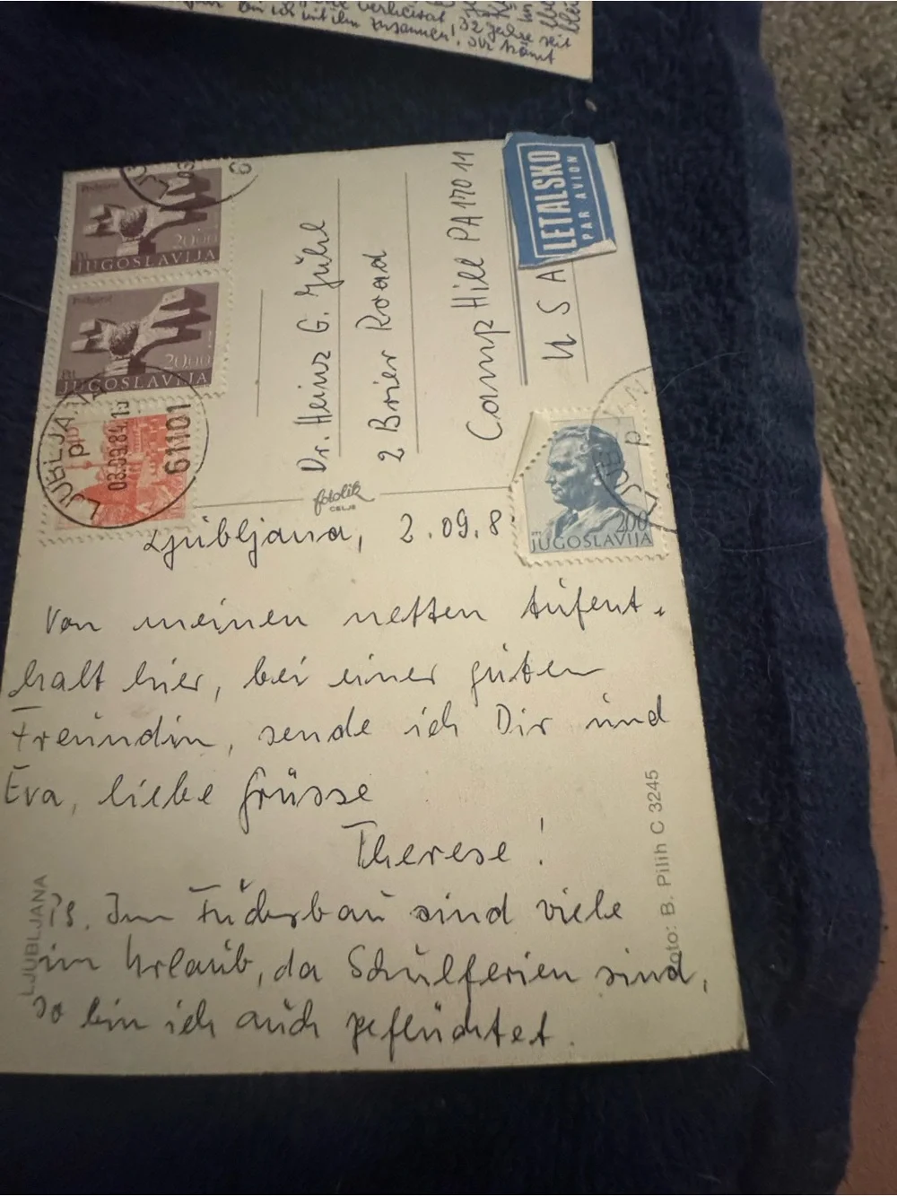 Vintage Postcard Lot - Blue Coastal Scenes Yugoslavia stamps. Written in German